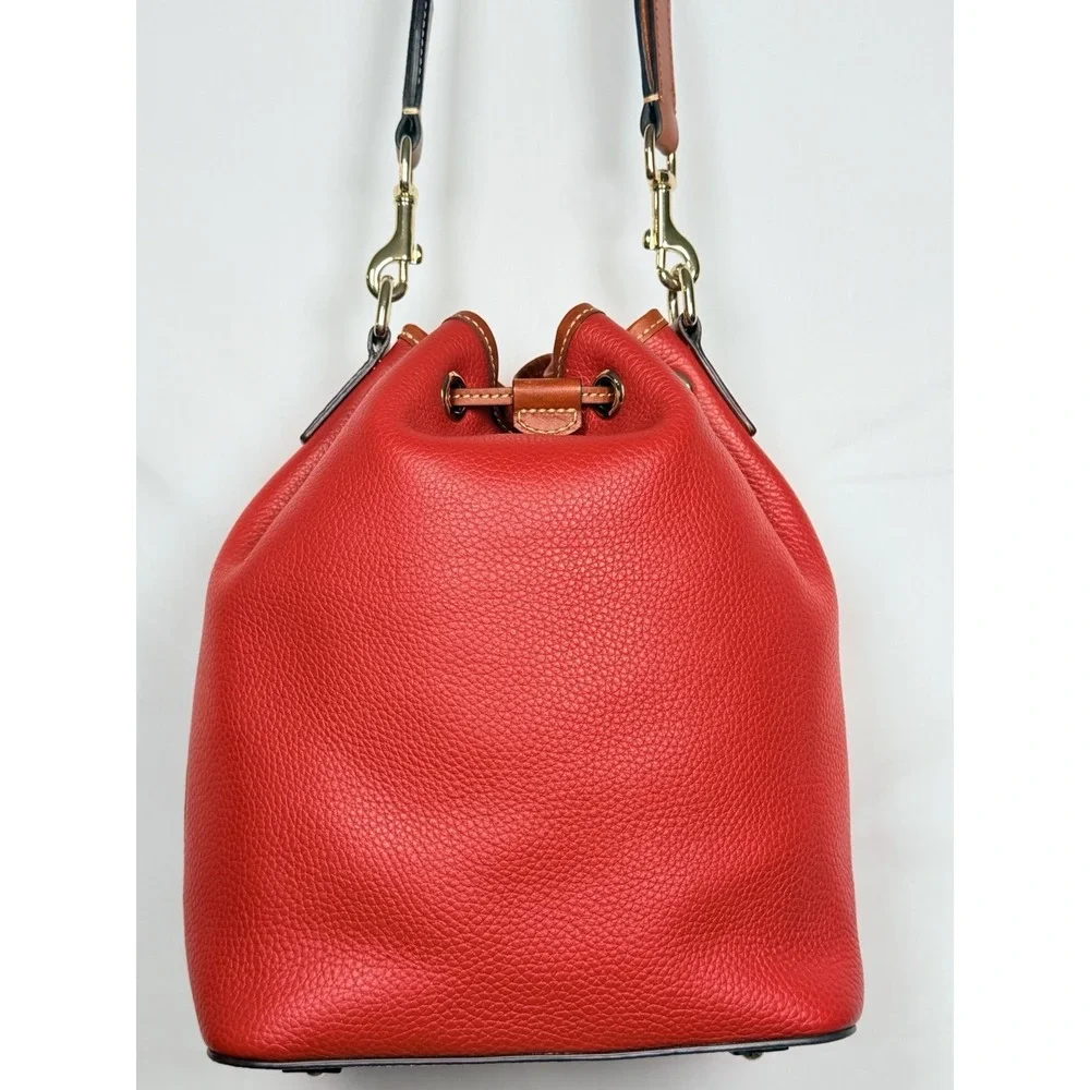 Dooney & Bourke Pebble Grain Red Drawstring Bucket Bag Leather Crossbody Purse
